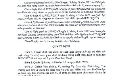 THÔNG BÁO DANH MỤC SÁCH GIÁO KHOA PHỔ THÔNG SỬ DỤNG TOÀN QUỐC CỦA BỘ GIÁO DỤC