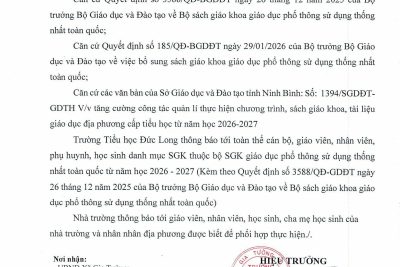 TRƯỜNG TIỂU HỌC ĐỨC LONG THÔNG BÁO DANH MỤC SGK VÀ SÁCH THAM KHẢO SỬ DỤNG TRONG NĂM HỌC 2025-2026